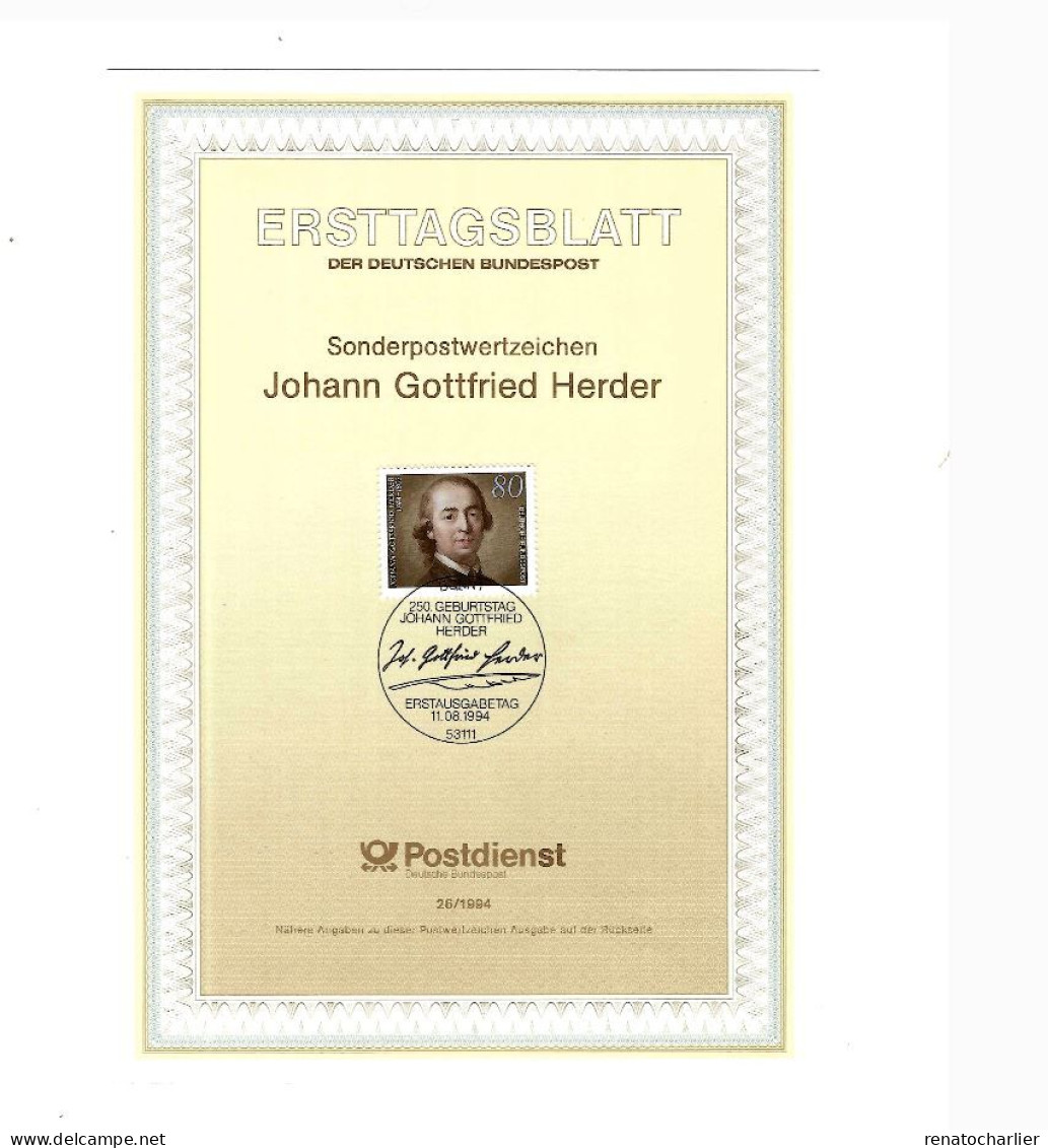 Ersttagsblatt.Format: 15 X 21 Centimètres.Johann-Gottfried Herder. - Other & Unclassified