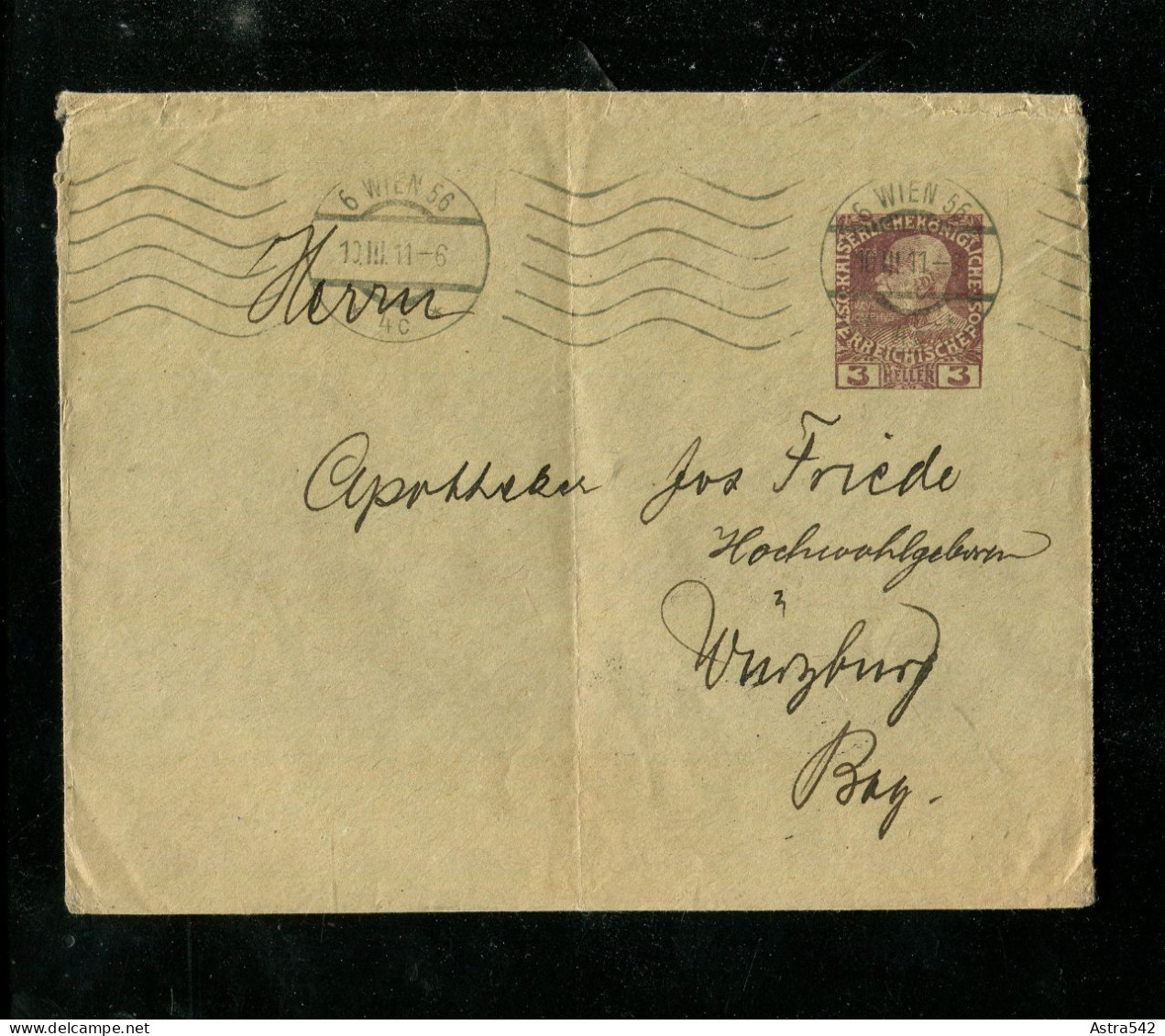 "OESTERREICH" 1911, Privat-Ganzsachenumschlag "3 Heller" Ex Wien Nach Wuerzburg (19642) - Enveloppes