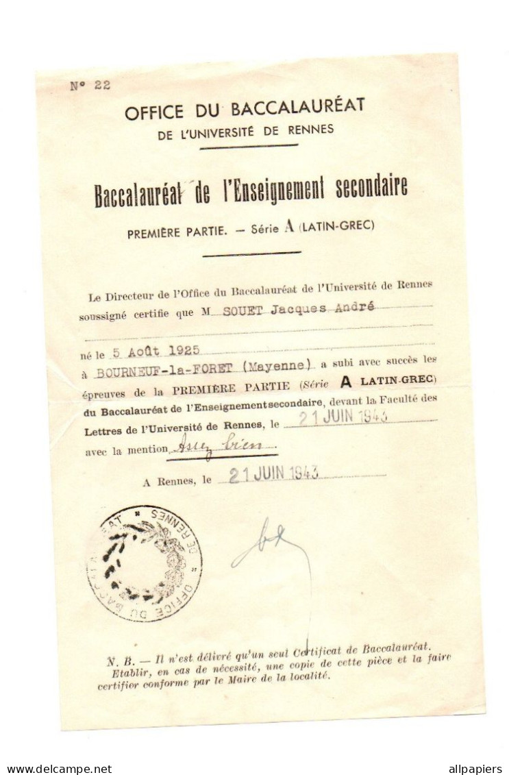 Certificat Baccalauréat De L'Enseignement Secondaire Première Partie Série A (Latin-Grec) Rennes 1943 - Diplômes & Bulletins Scolaires