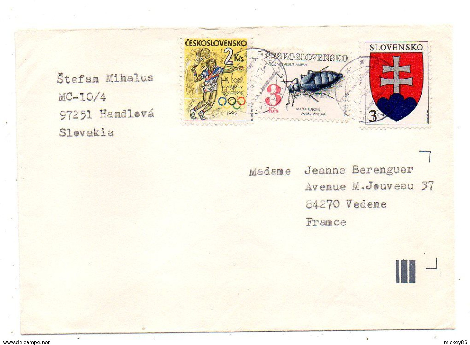 Slovaquie--1995--HANDLEVA  Pour VEDENE-84 (France). Timbres (JO Barcelone,blason,insecte)...cachet - Covers & Documents