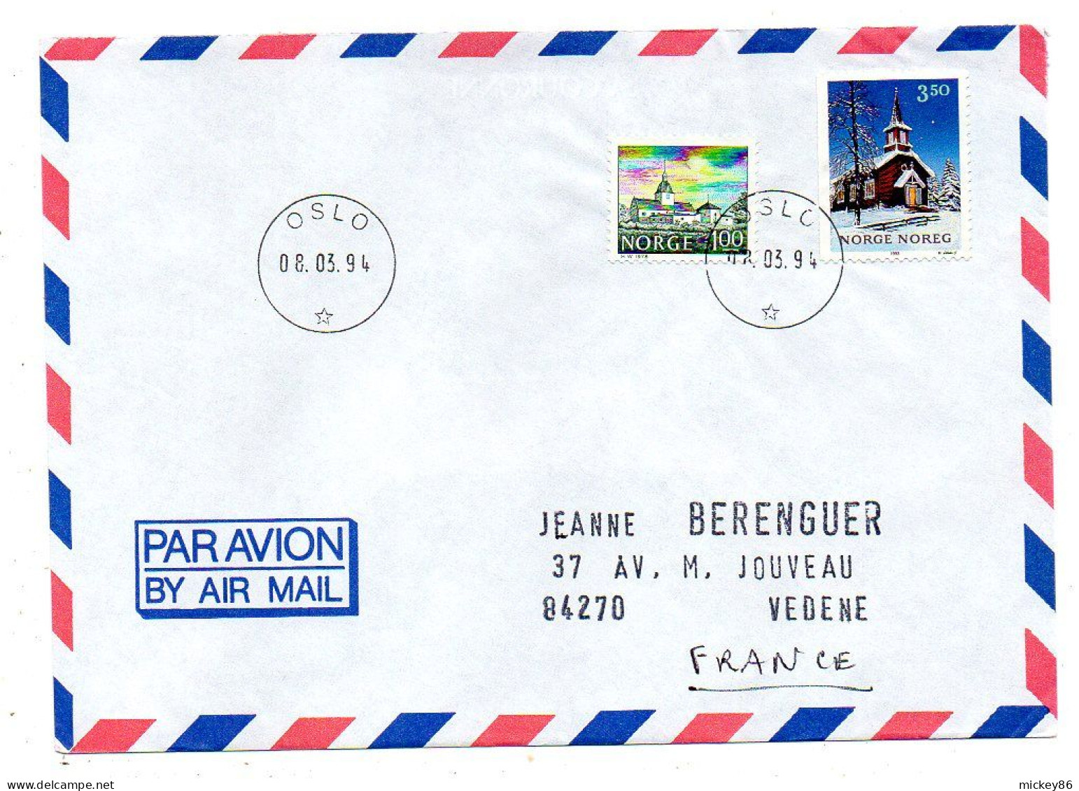 NORVEGE--1994--OSLO Pour VEDENE-84 (France).  Beaux Timbres ...cachet - Briefe U. Dokumente