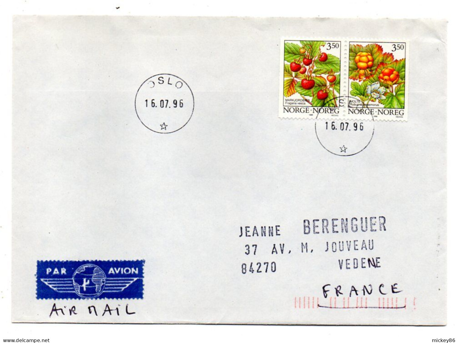 NORVEGE--1996--OSLO Pour VEDENE-84 (France).  Beaux Timbres (fruits) ...cachet - Brieven En Documenten