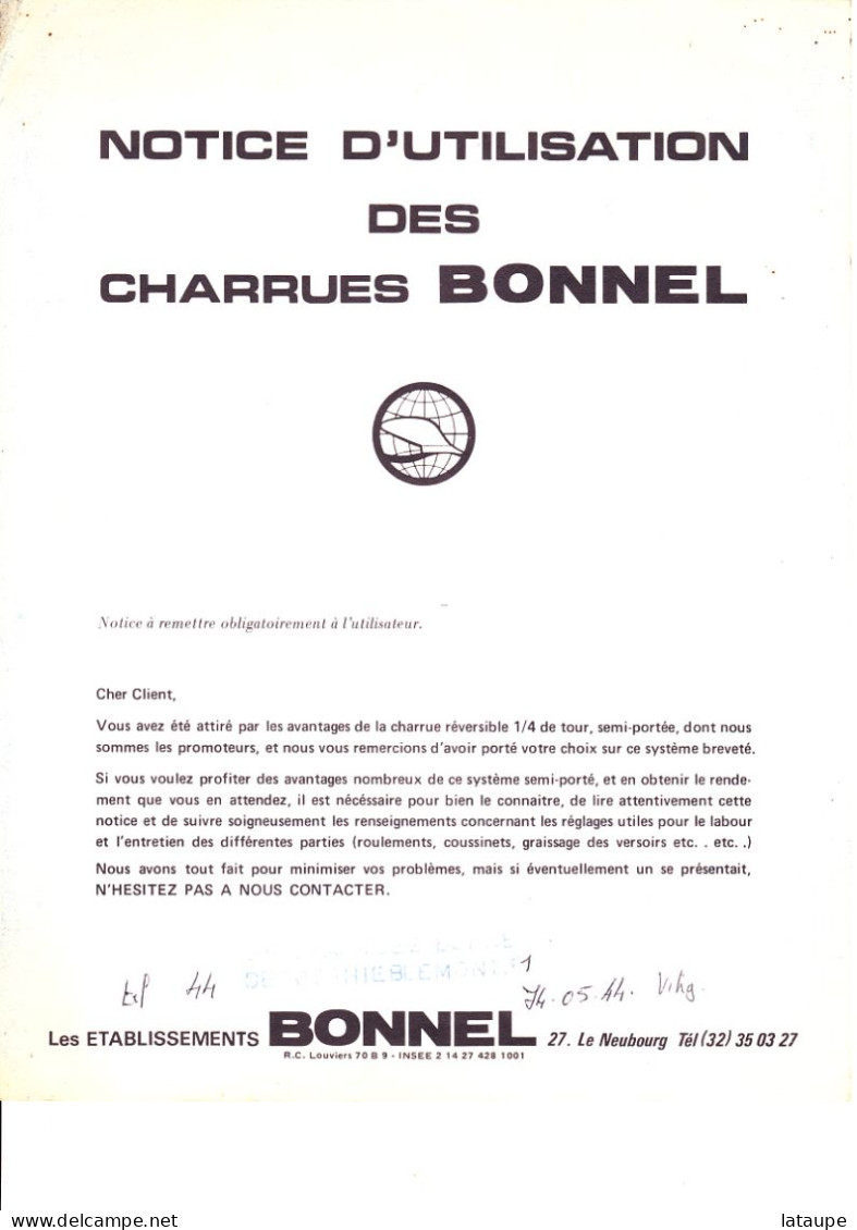 MATERIEL AGRICOLE - NOTICE TECHNIQUE CHARRUE BONNEL - LE NEUBOURG - Trattori