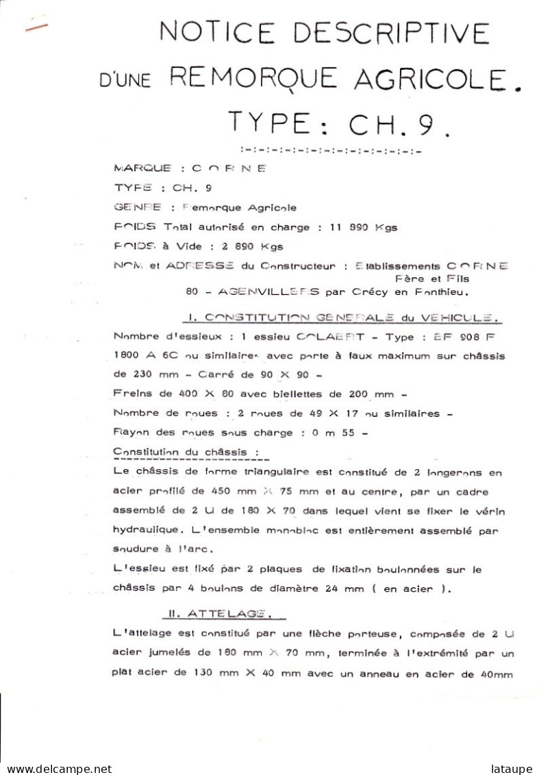 MATERIEL AGRICOLE - NOTICE TECHNIQUE REMORQUE CORNE TYPE CH 9 - AGENVILLERS - Tracteurs