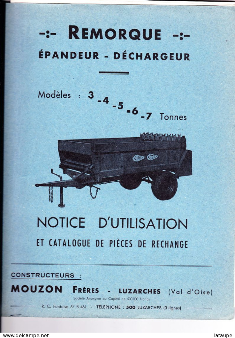 MATERIEL AGRICOLE - NOTICE TECHNIQUE REMORQUE EPAUDEUR MOUZON FRERES TYPE MB 35 - LUZARCHES - Trattori