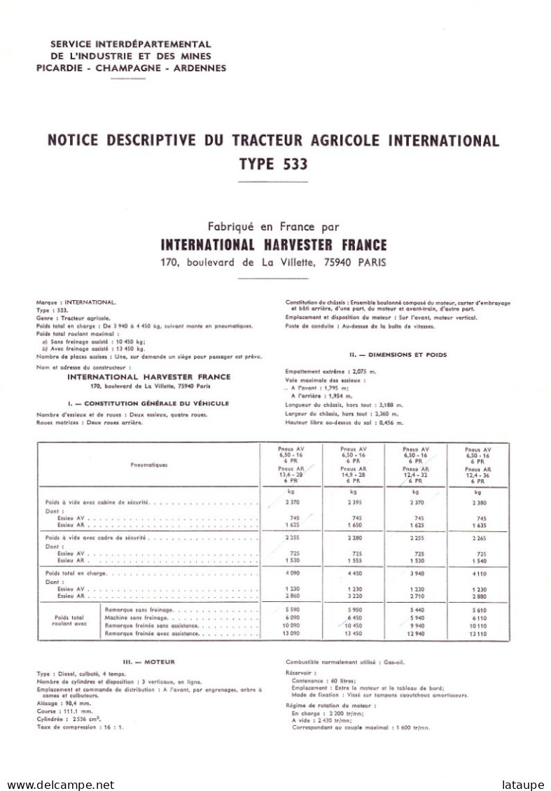 MATERIEL AGRICOLE - NOTICE TECHNIQUE TRACTEUR IH 533 - Traktoren