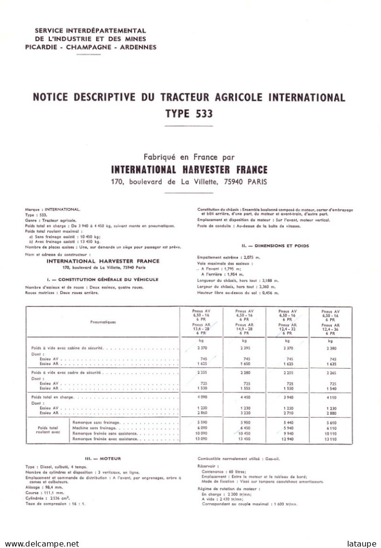 MATERIEL AGRICOLE - NOTICE TECHNIQUE TRACTEUR IH 533 - Trattori