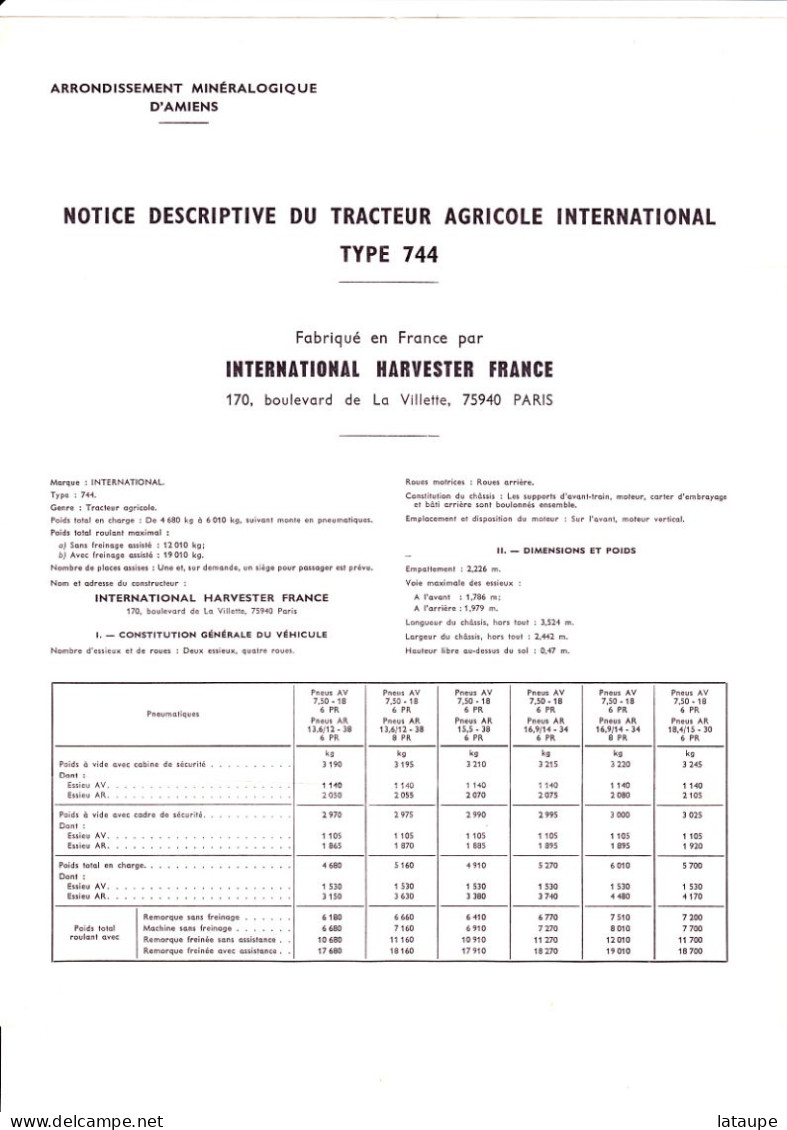 MATERIEL AGRICOLE - NOTICE TECHNIQUE TRACTEUR IH 744 - Traktoren