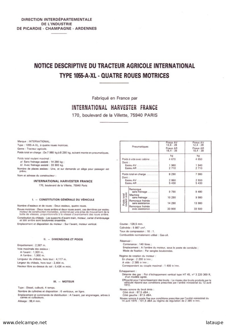 MATERIEL AGRICOLE - NOTICE TECHNIQUE TRACTEUR IH 1055 - Trattori