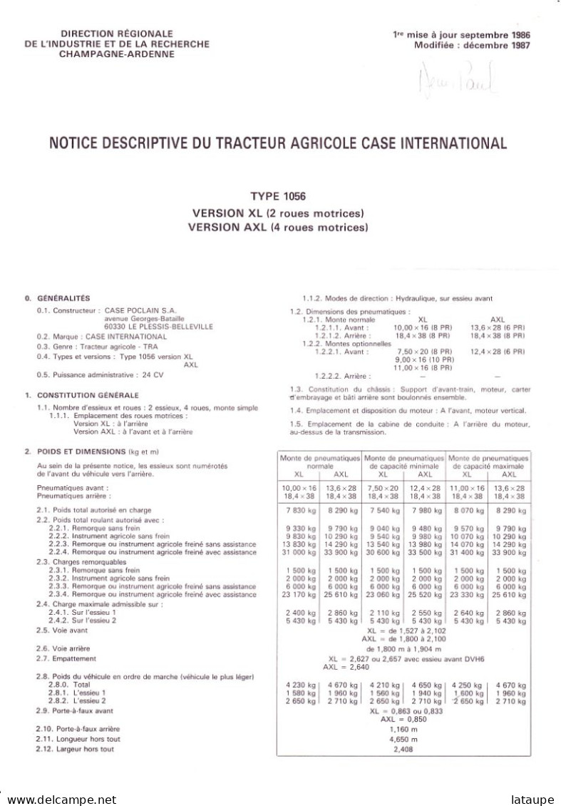 MATERIEL AGRICOLE - NOTICE TECHNIQUE TRACTEUR IH 1056 - Traktoren