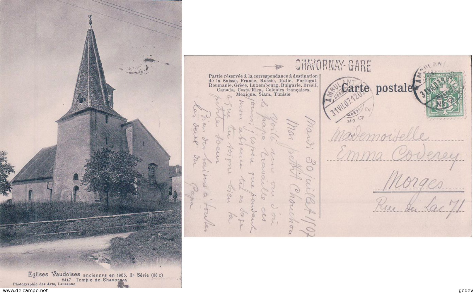 Eglise Vaudoise, Chavornay Le Temple + Cachet Linéaire "CHARVORNAY-GARE" (31.12.1907) - Chavornay