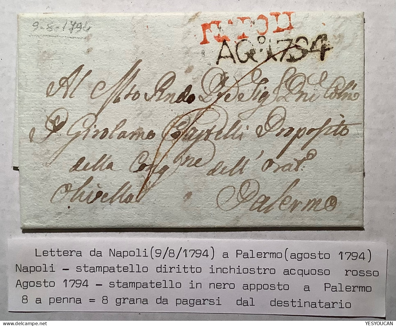 VIA DI MARE 1794 Cover NAPOLI>PALERMO Sicilia, Ex Imperato  (ship Mail Lettera Prefilatelia Italia Italy Sicily Naples - Napoli