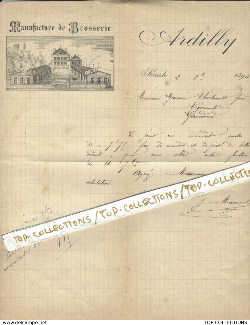 1894 SUPERBE VIGNETTE MANUFACTURE DE BROSSERIE Ardilly à Sens Yonne > Garnier Thiébault Gérardmer V.SCANS+ COTATION 35 € - 1800 – 1899