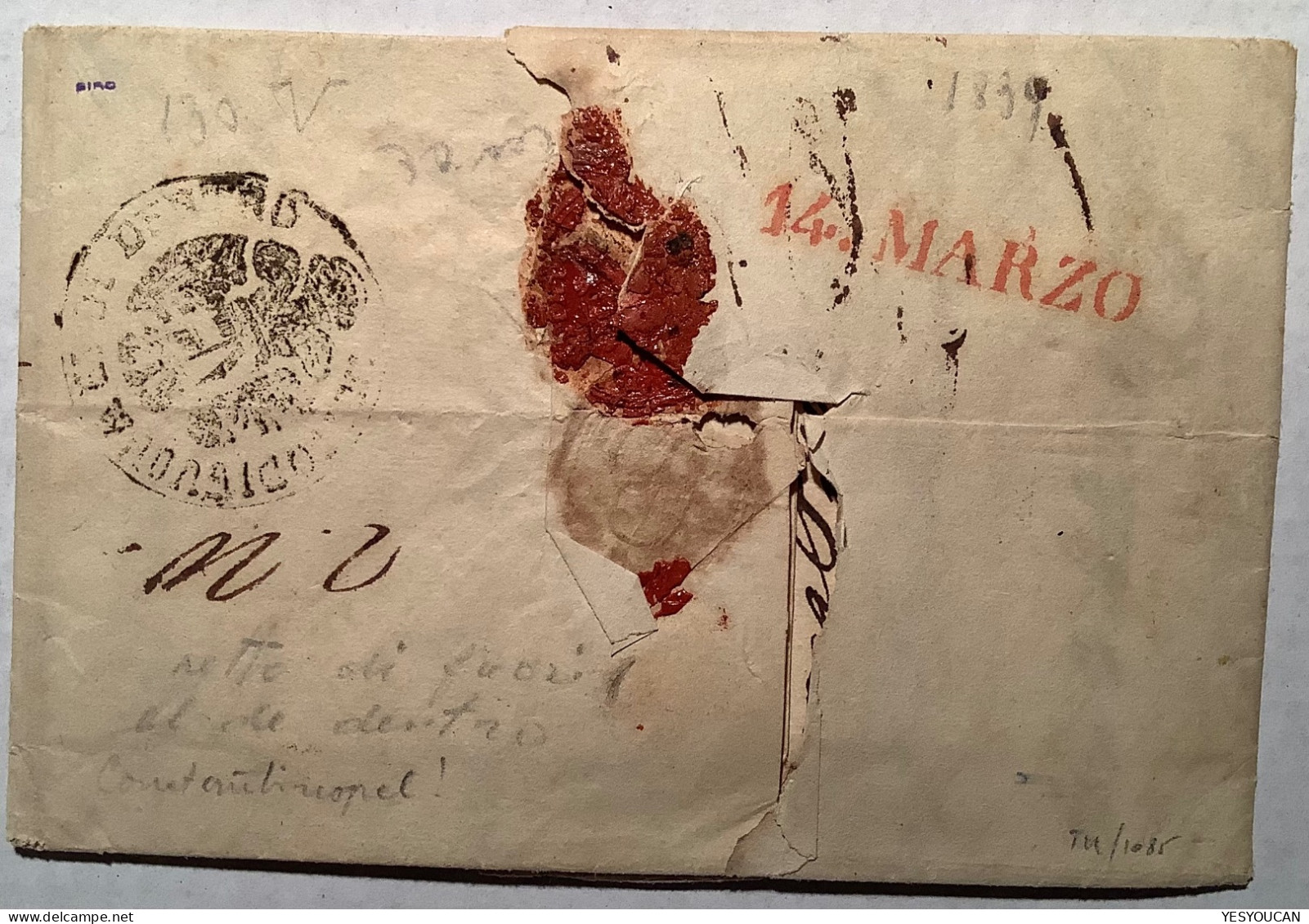 Turkey1839Constantinople Via SEMLIN Serbia/Österreich Desinfected Cover NETTO DI FUORA ET DI DENTRO>Genova Sardegna - ...-1858 Préphilatélie