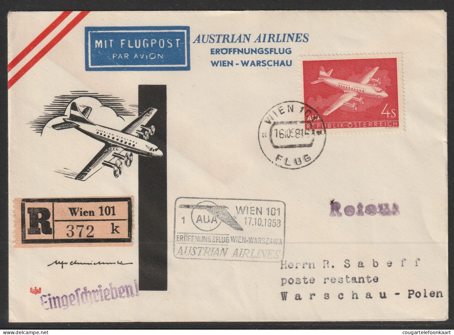 1958, Austrian Airlines, Erstflug, Wien-Warschau/Warszawa - Erst- U. Sonderflugbriefe