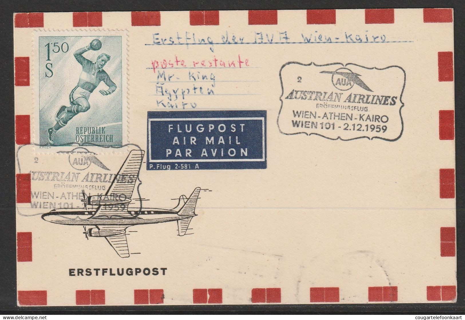 1959, Austrian Airlines, Erstflug, Wien-Cairo, Karte - Erst- U. Sonderflugbriefe