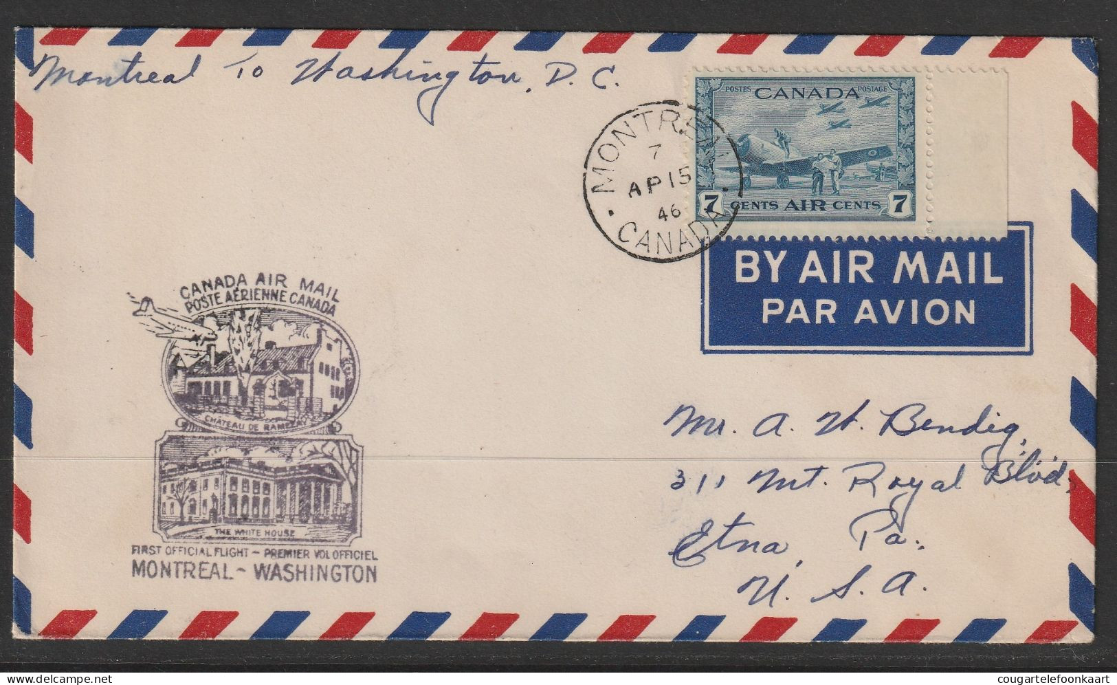 1946, First Flight Cover, Montreal-Washington - Primi Voli
