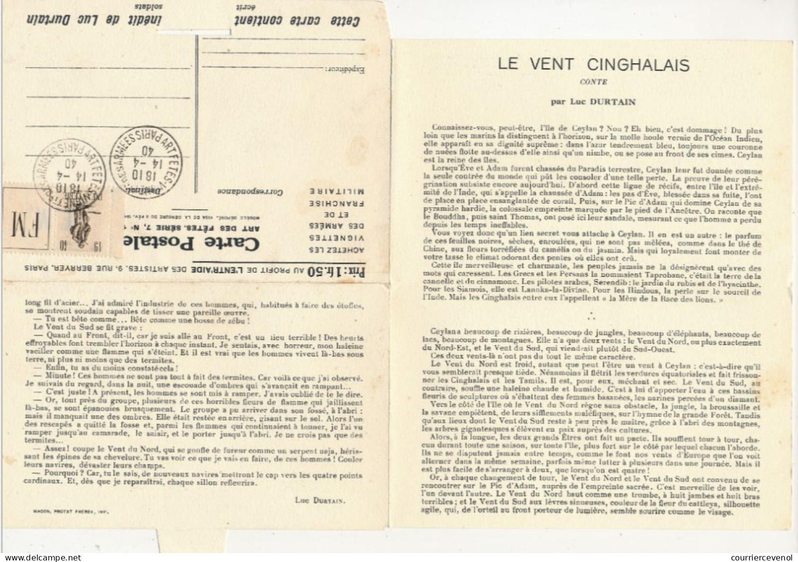 FRANCE - Carte FM Ed. Privée - Vignette " FM 1940 Infanterie " Conte De Luc Durtain Le Vent Cinghalais - Lettres & Documents