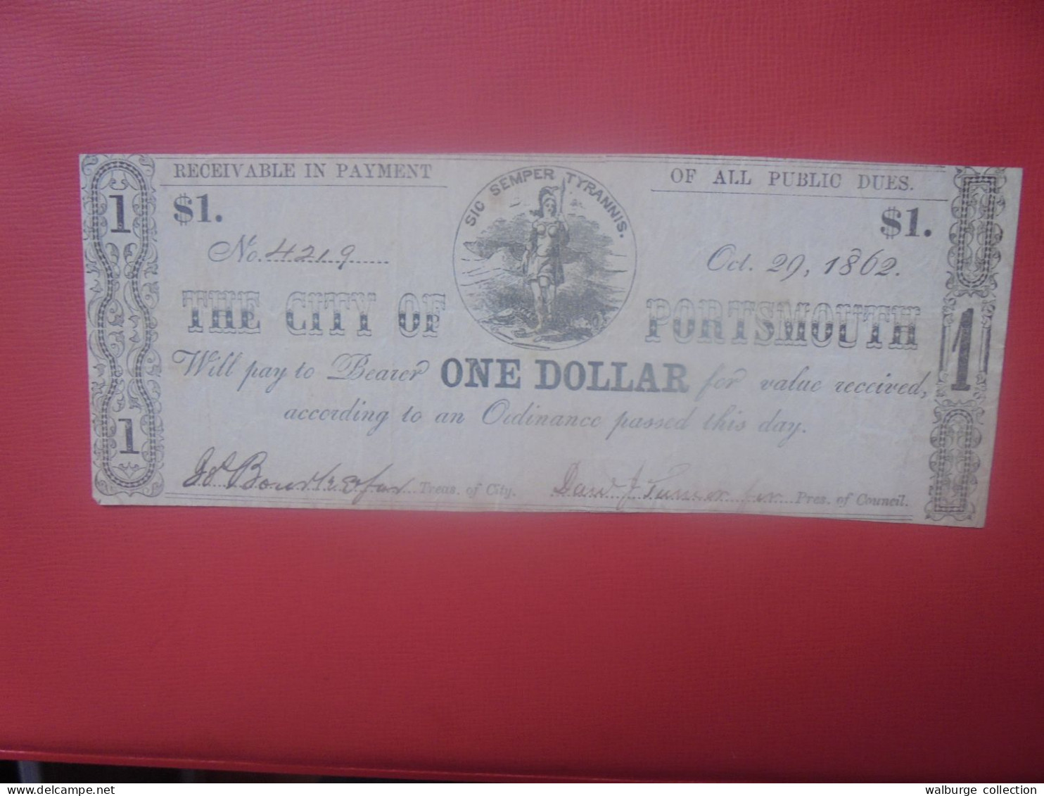 PORTSMOUTH CITY 1$ 1862 Circuler  (B.30) - Confederate Currency (1861-1864)