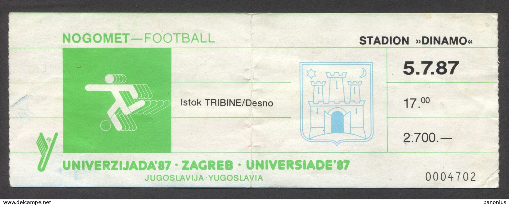 Universiade 1987. Zagreb Yugoslavia, Football Soccer Calcio Match Old Ticket - Eintrittskarten