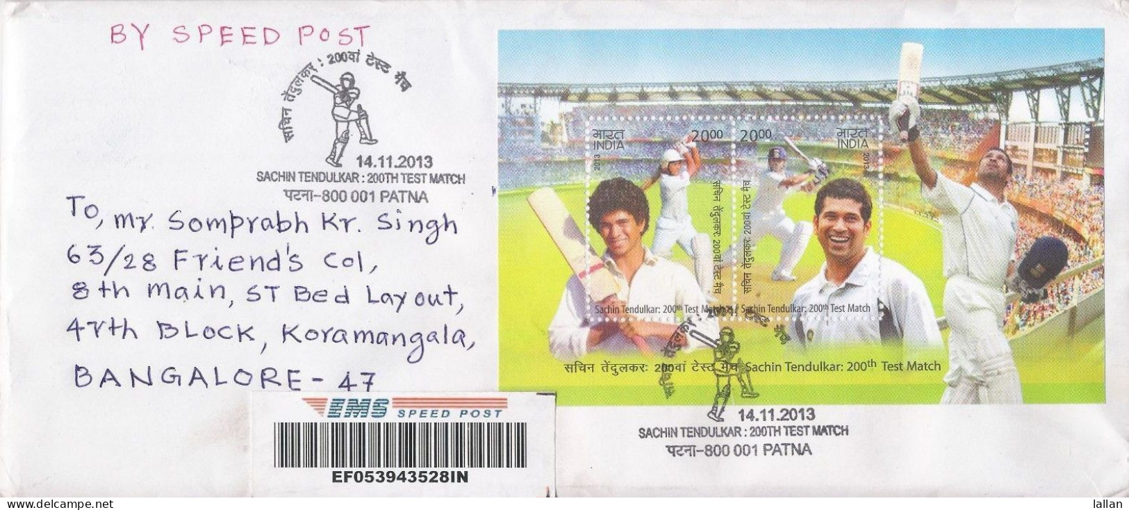 Sachin, Genuinely Used Cover With First Day Postmark, Sent By Speed Post, INDIA, 2013, Condition As Per Scan - Cricket