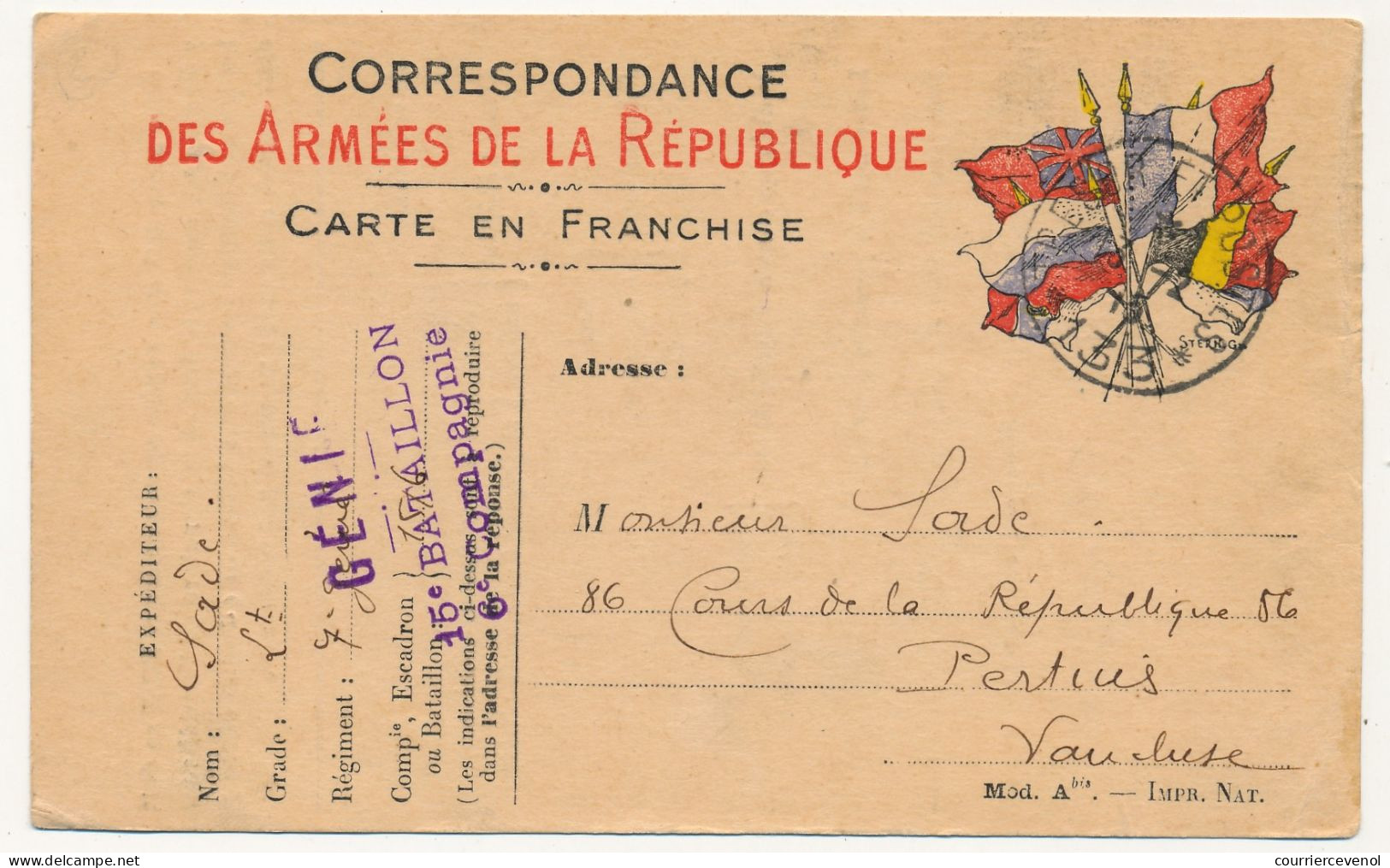 Carte FM Officielle Priorité - Cachet Génie / 15eme Bataillon / 6eme Compagnie - Secteur 133 - 1915 - Lettres & Documents