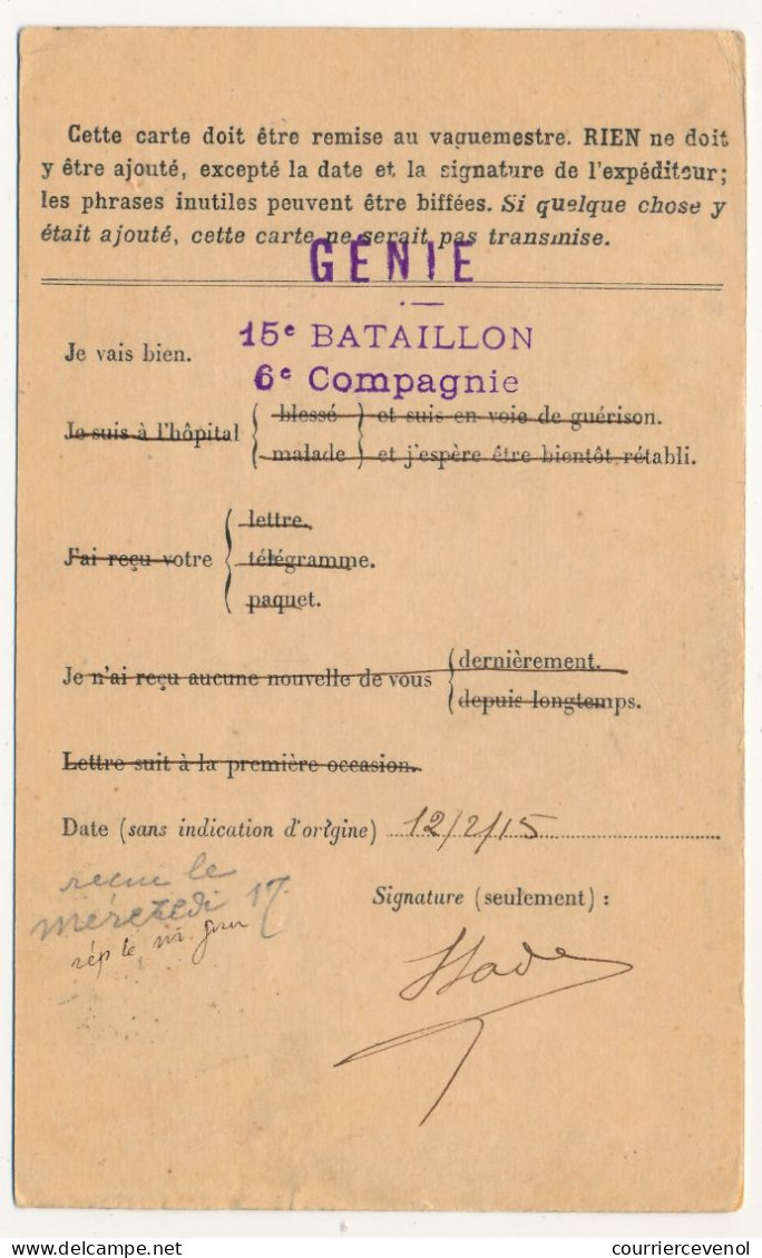 Carte FM Officielle Priorité - Cachet Génie / 15eme Bataillon / 6eme Compagnie - Secteur 133 - 1915 - Lettres & Documents