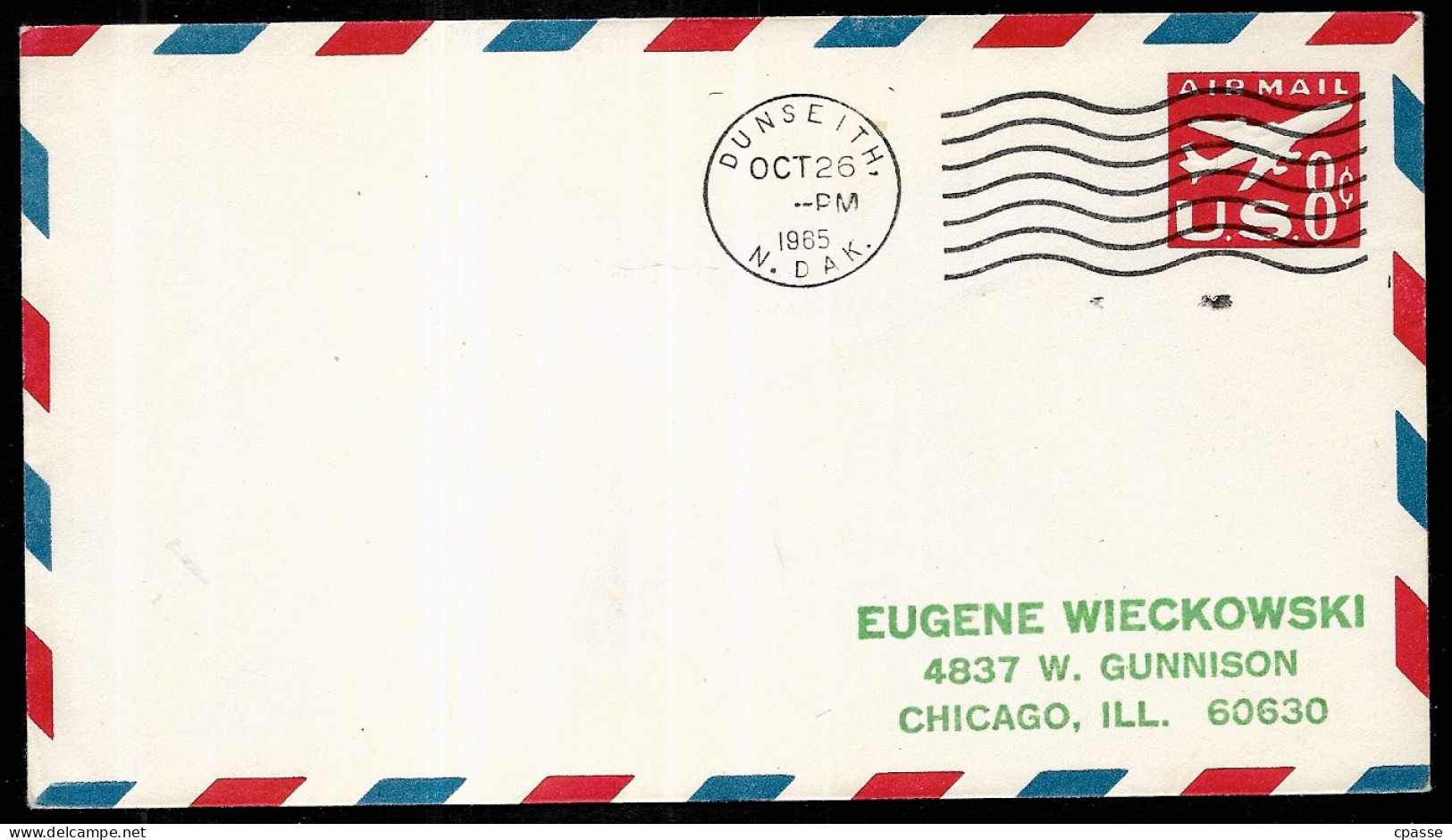 1965 ENTIER POSTAL Par Avion Etats-Unis USA DUNSEITH N. DAK. (New Dakota) To Chicago * Marcophilie Cachet - 1961-80