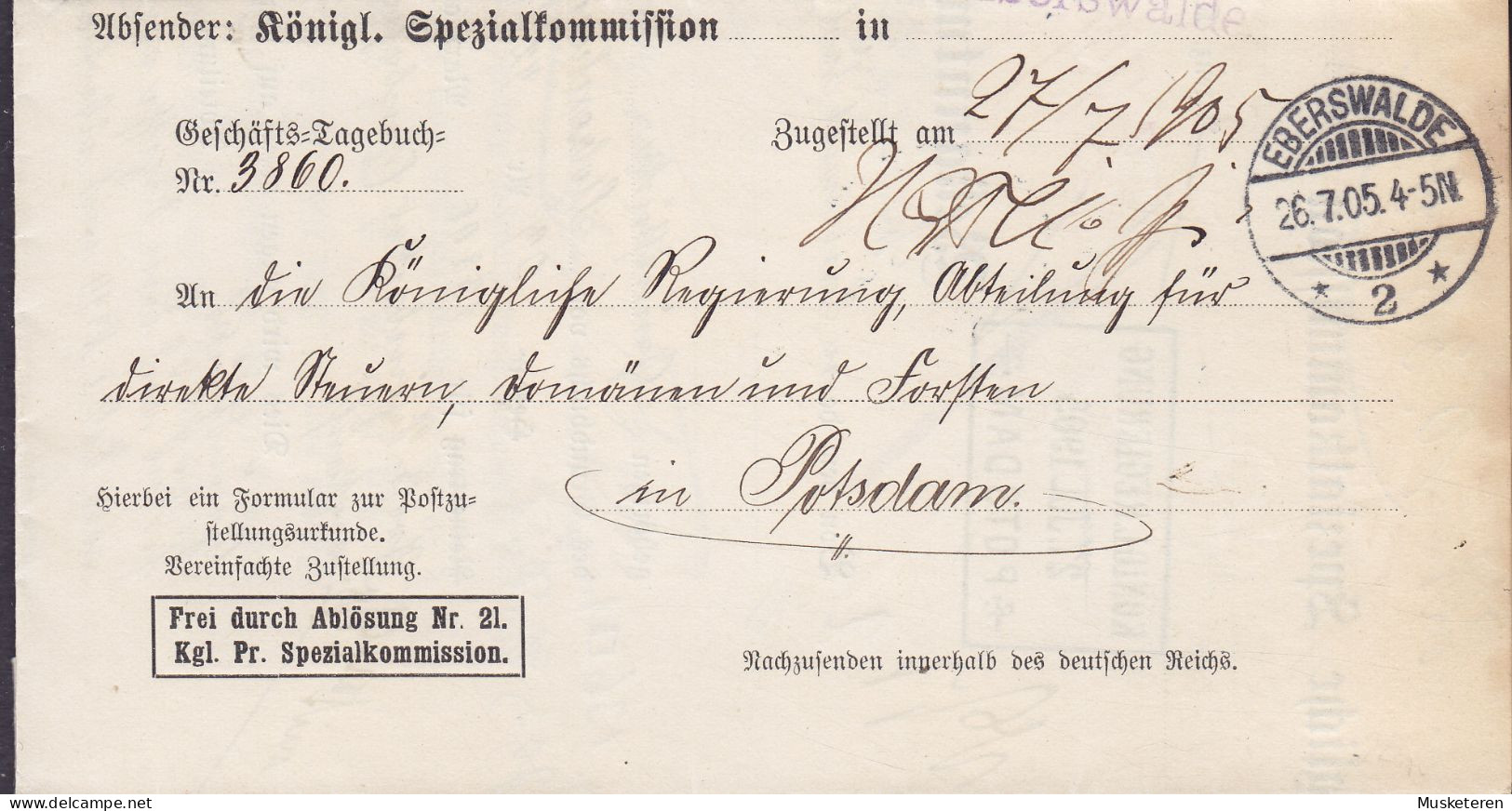 Deutsches Reich KGL. PREUSSISCHE SPEZIALKOMMISSION, EBERSWALDE 1905 Folded Cover Brief POTSDAM (Arr.) Dienstsache - Dienstzegels