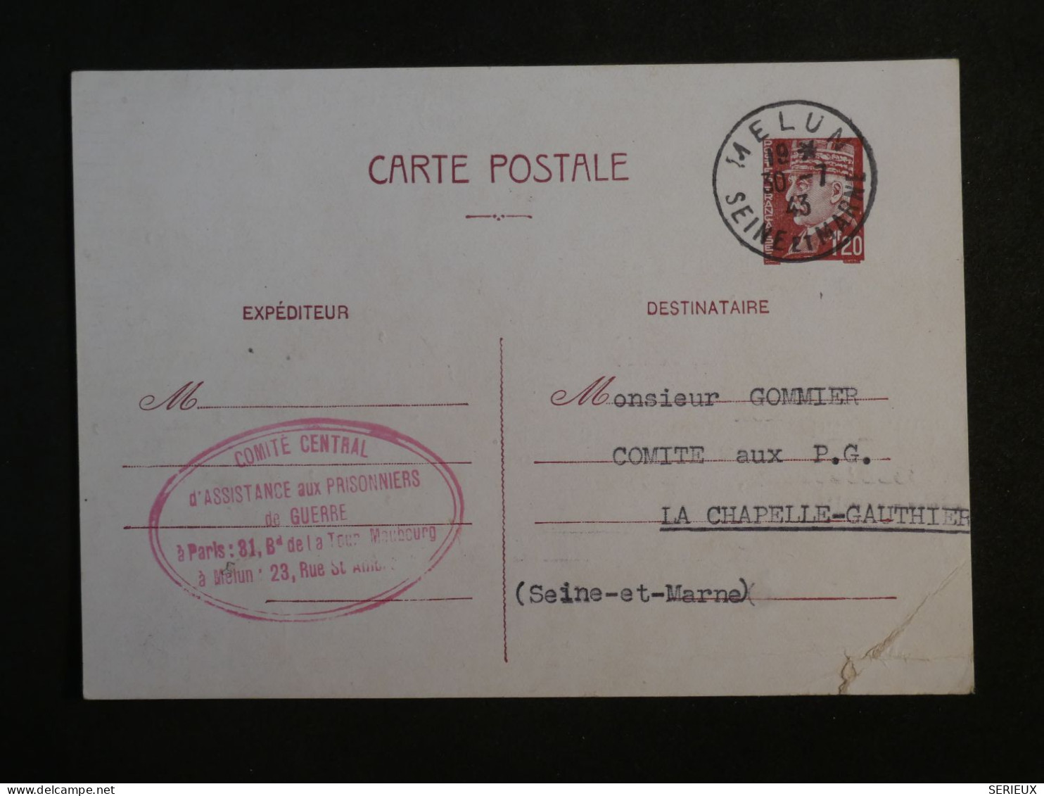 BY16 FRANCE  BELLE CARTE FM ENTIER PETAIN 1943 MELUN A LA CHAPELLE +AFF. INTERESSANT ++ - Autres & Non Classés