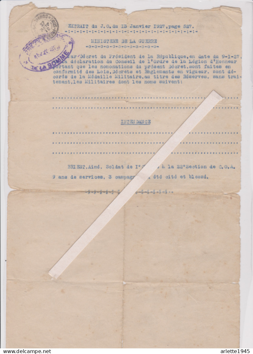 MINISTERE DE LA GUERRE DECORATION DE LA MEDAILLE MILITAIRE - 1914-18