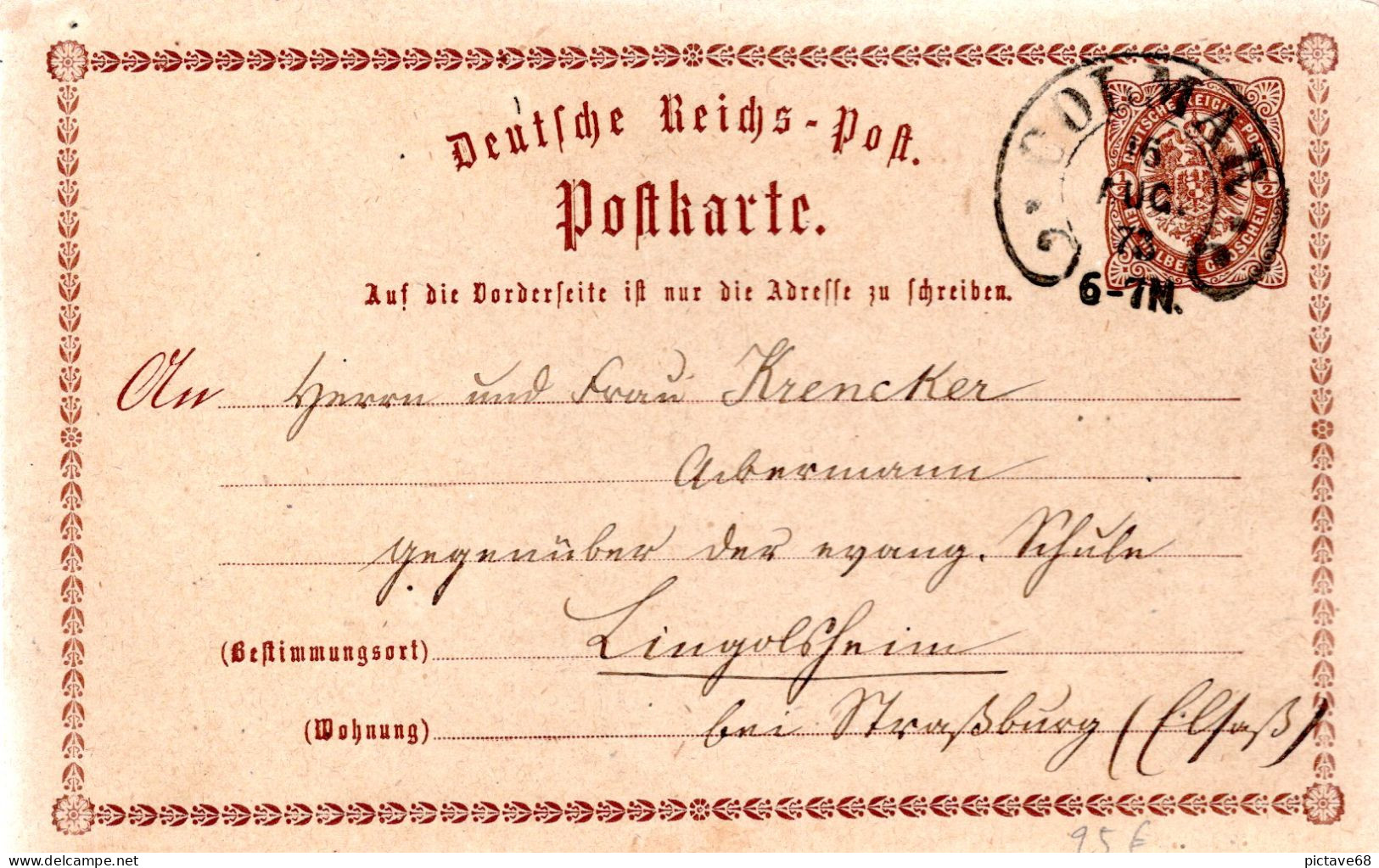 FRANCE  / ENTIER POSTAL ALLEMAND AVEC UN BELLE OBLITERATION FER A CHEVAL DE COLMAR DU 16 AOUT 1873 - Lettres & Documents