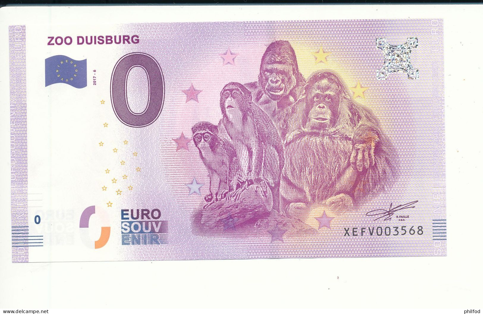 Billet Souvenir - 0 Euro - XEFV - 2017-6 - ZOO DUISBURG - N° 3568 - Billet épuisé - Kiloware - Banknoten