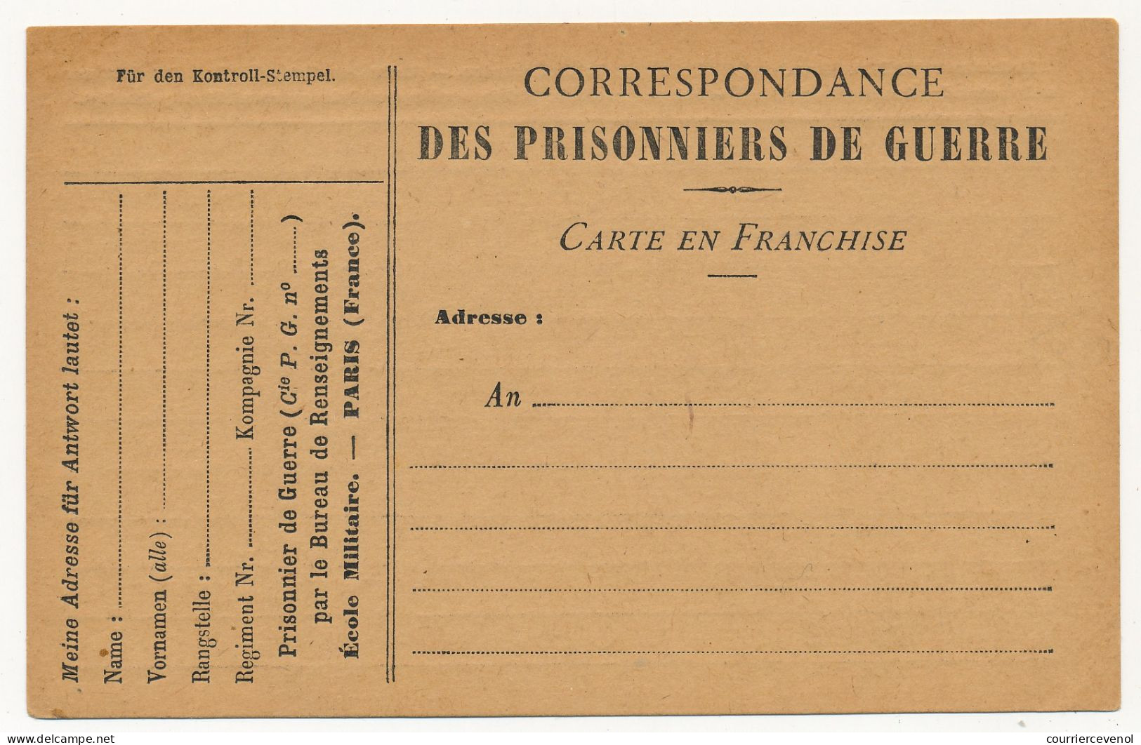 Carte FM - Correspondance Des Prisonniers De Guerre Par Le Bureau De Renseignements, école Militaire Paris - Lettres & Documents
