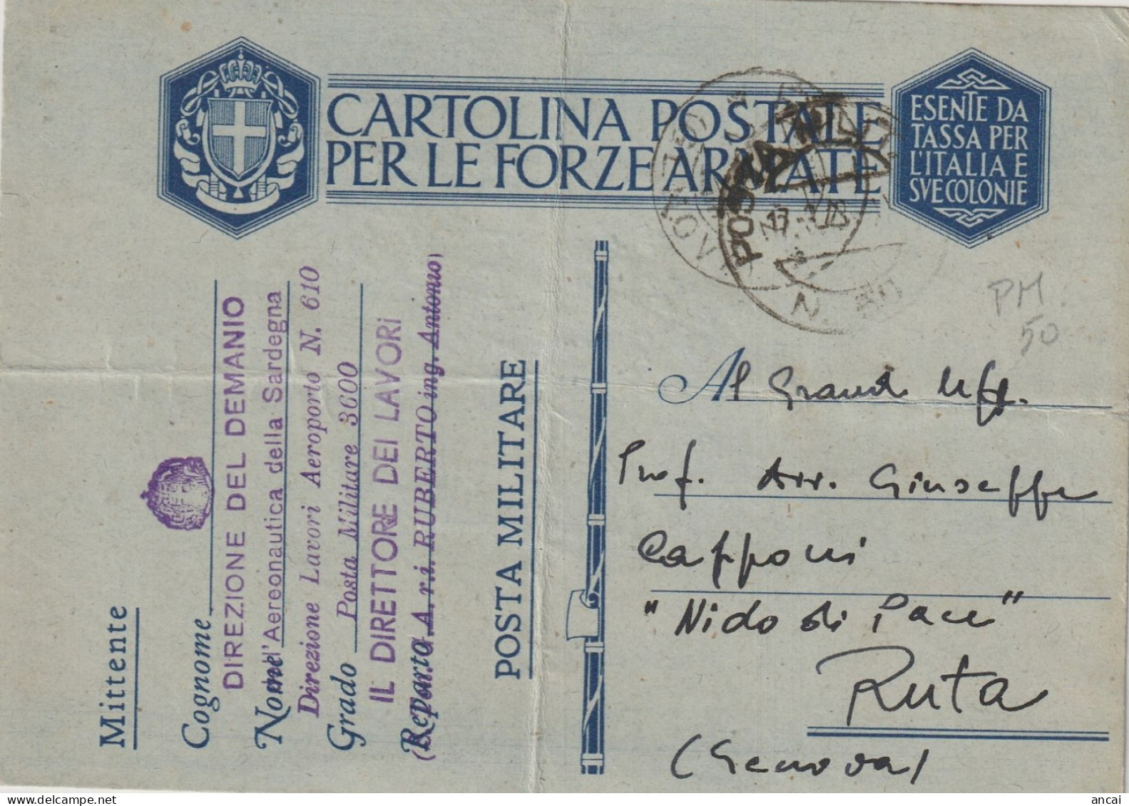 1942. Cartolina Postale Da PM 50 (AEREOPORTO 610 OLBIA) Per Ruta In Provincia Di Genova - 1939-45