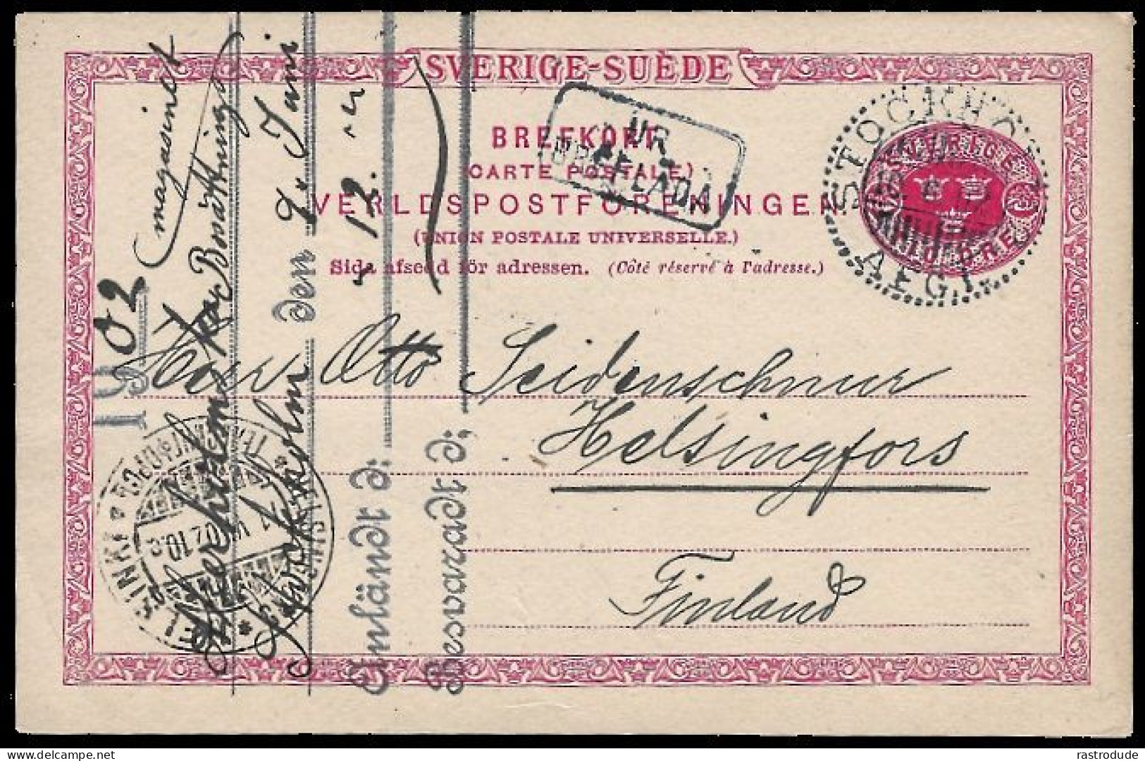 1 1902 SWEDEN 10öre PSC HANDSTAMP UR BREFLÄDA (AUS DEM BRIEFKASTEN / FROM THE LETTERBOX) TO HELSINGSFOR, FINLAND - 1885-1911 Oscar II