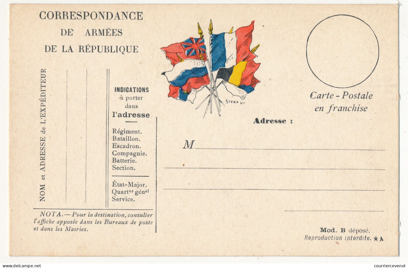 CPFM Officielle - Correspondance Des Armées De La République, Drapeaux Stern Pour Civils Mod B, Variété "de Armées" - Covers & Documents