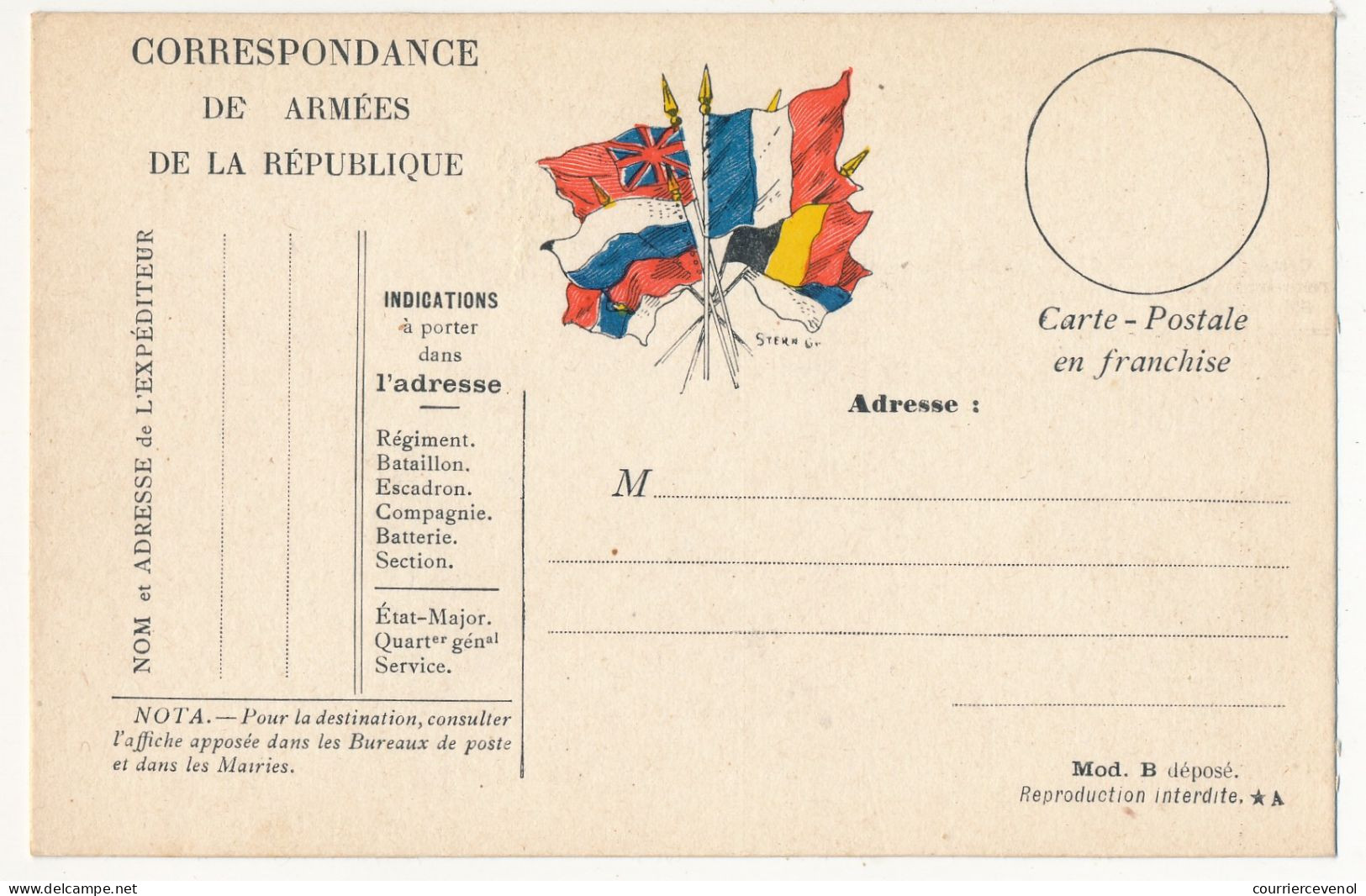 CPFM Officielle - Correspondance Des Armées De La République, Drapeaux Stern Pour Civils Mod B, Variété "de Armées" - Lettres & Documents