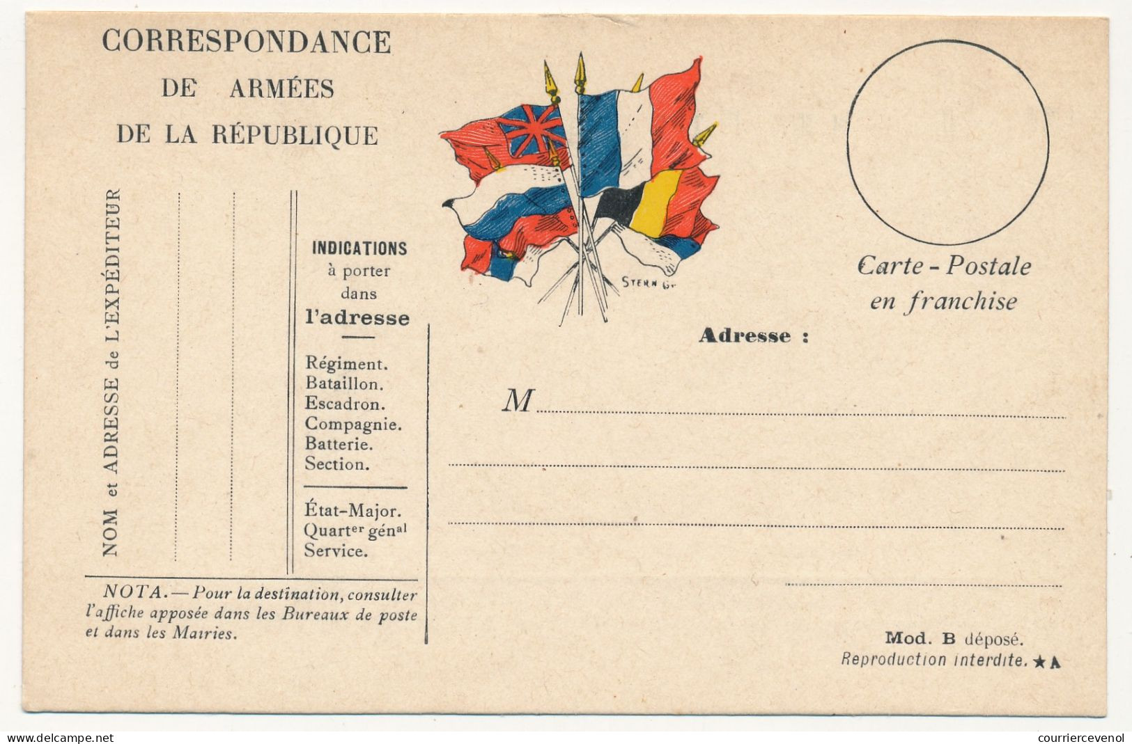 CPFM Officielle - Correspondance Des Armées De La République, Drapeaux Stern Pour Civils Mod B, Variété "de Armées..." - Lettres & Documents
