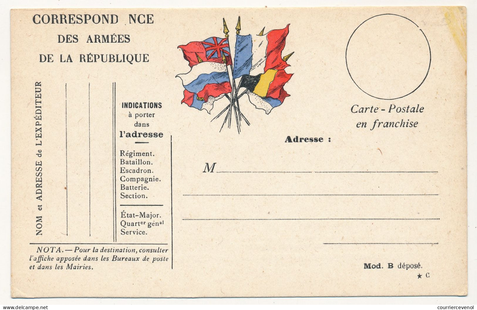 CPFM Officielle - Correspond Nce Des Armées De La République, Drapeaux Stern Pour Civils Mod B, Variété Manque Le A ... - Covers & Documents