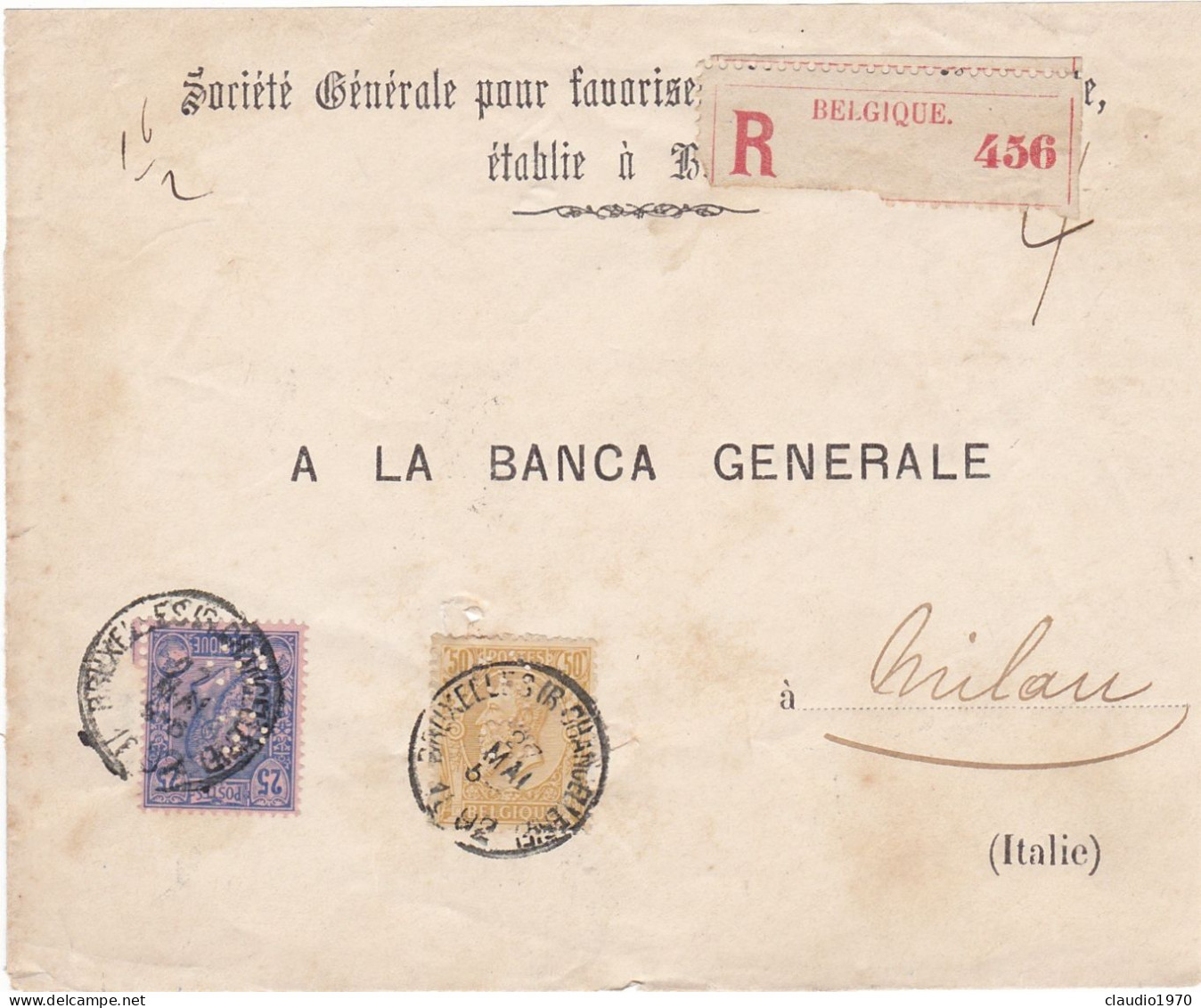 BELGIO -  BRUXELLES - PERFIN - FRONTESPIZIO - SOCìèTè GèNèRALE POORISER PUR FAVORISE VIAGGIATA PER MILAN - ITALIA - 1892 - 1863-09