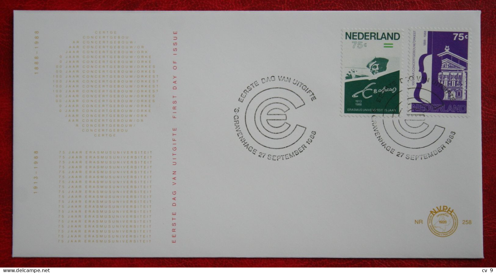 FDC E258 258 Erasmus + Concertgebouw Music NVPH 1412-1413 1988 Without Address NEDERLAND NIEDERLANDE NETHERLANDS - FDC