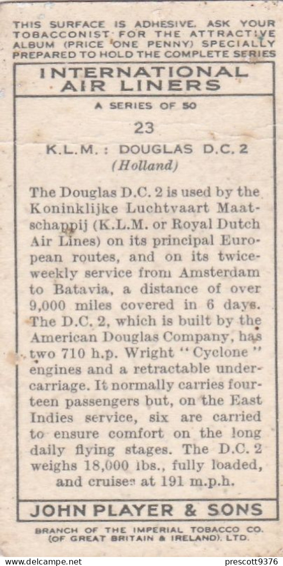 23 KLM Dutch Airlines Douglas DC2  - International Air Liners 1937 - Players Cigarette Card - Original - Aeroplanes - Player's