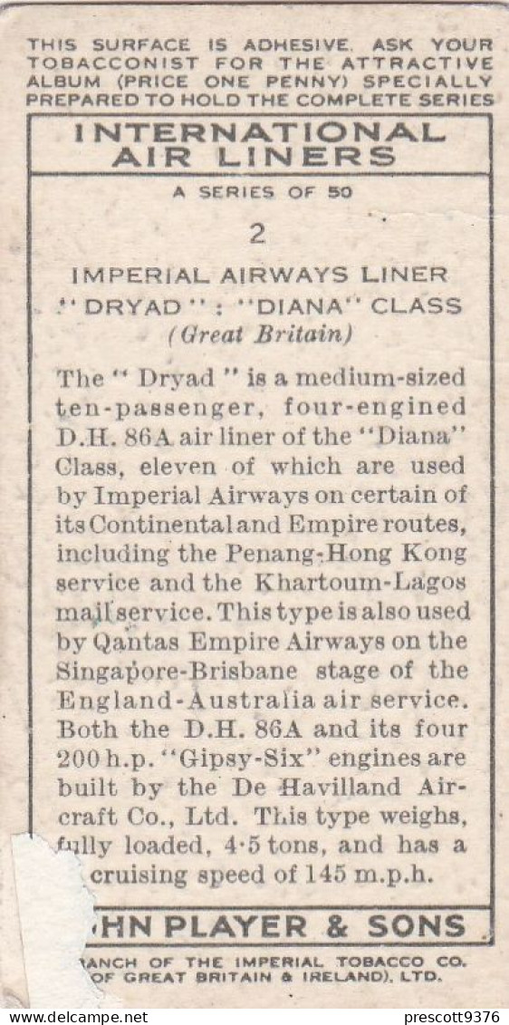 2 Imperial Airlines Dryad "Diana" Class - International Air Liners 1937 - Players Cigarette Card - Original - Aeroplanes - Player's