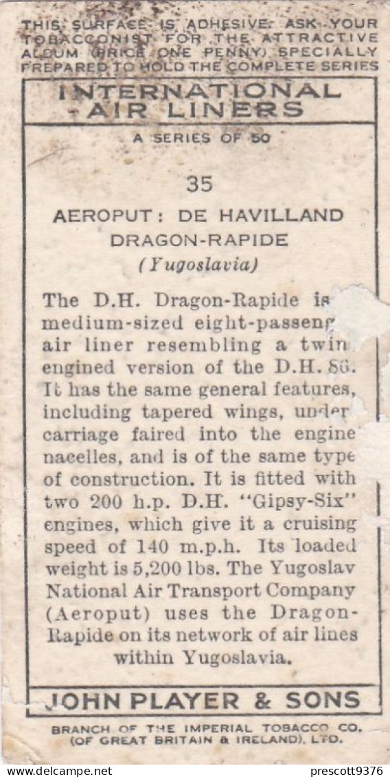 35 De Havilland, Dragon Rapide - International Air Liners 1937 - Players Cigarette Card - Original - Aeroplanes - Player's