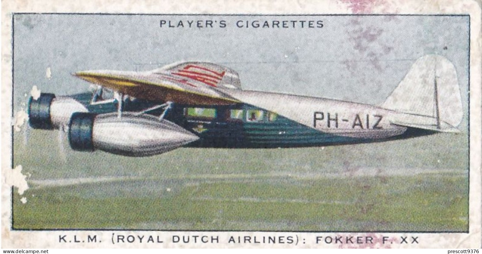 24 KLM Fokker XX - International Air Liners 1937 - Players Cigarette Card - Original - Aeroplanes - Player's