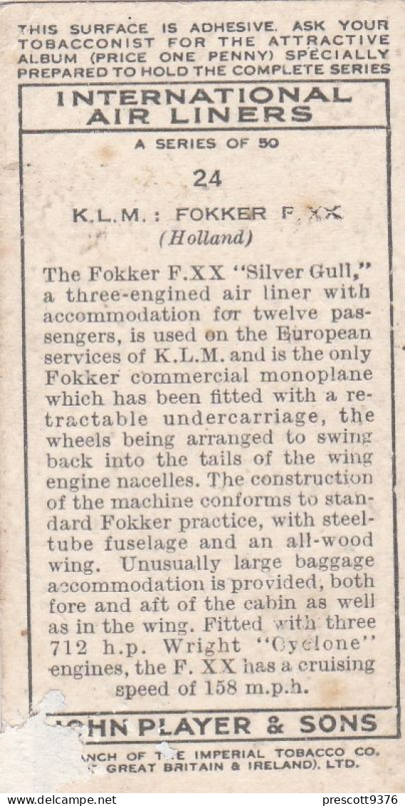 24 KLM Fokker XX - International Air Liners 1937 - Players Cigarette Card - Original - Aeroplanes - Player's