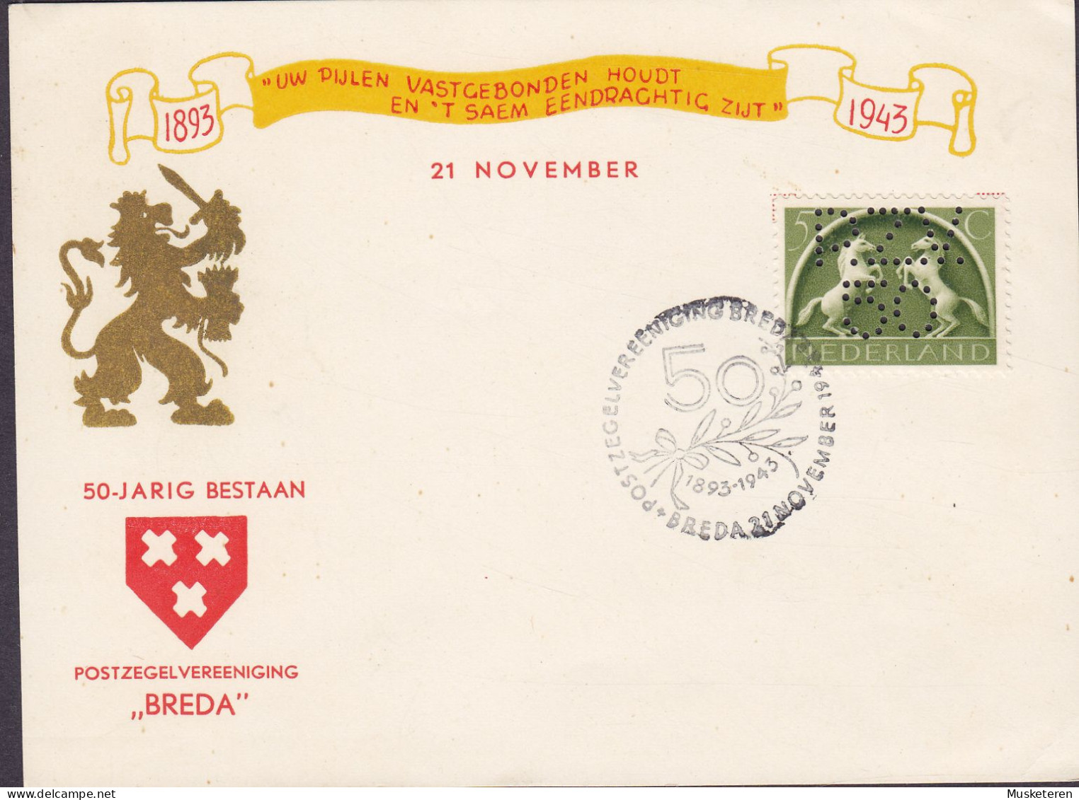 Netherlands Perfin Perforé Lochung 'P.Z.V.50' Postzegelvereeniging 'BREDA' 1893-1943 Card Karte (2 Scans) - Variétés Et Curiosités
