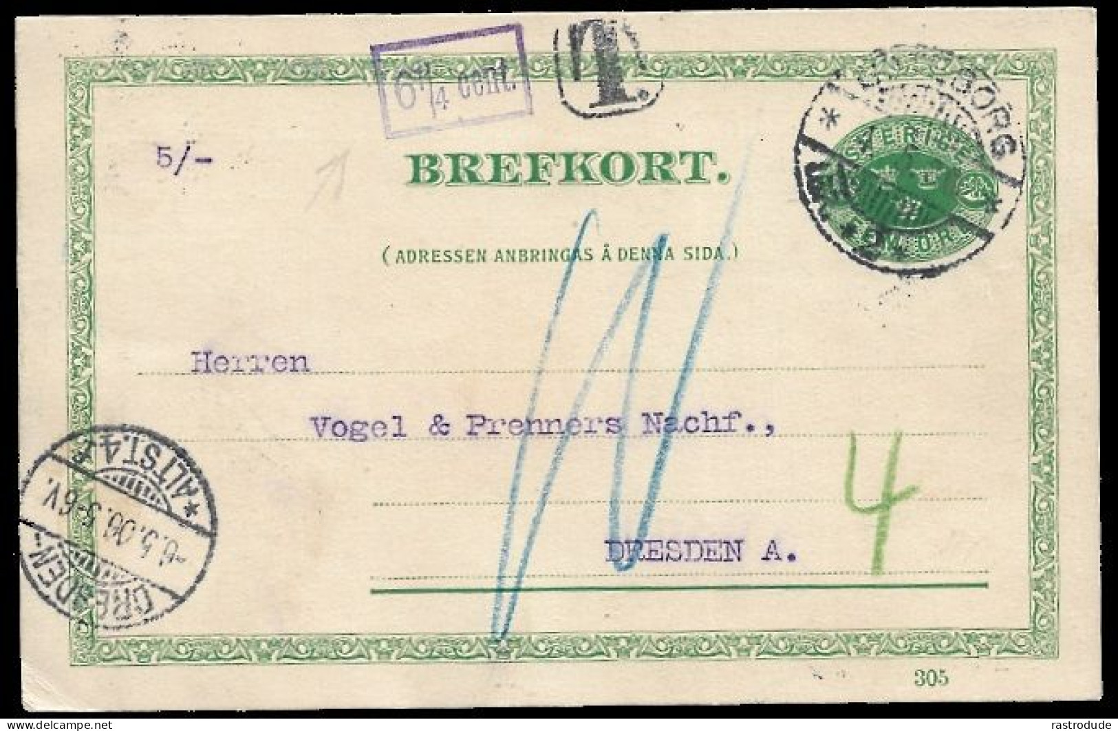 1906 SWEDEN 5 ÖRE PSC GÖTEBURG TO DRESDEN,GERMANY - POSTAGE DUE 6¼ CENT - Ganzsachen