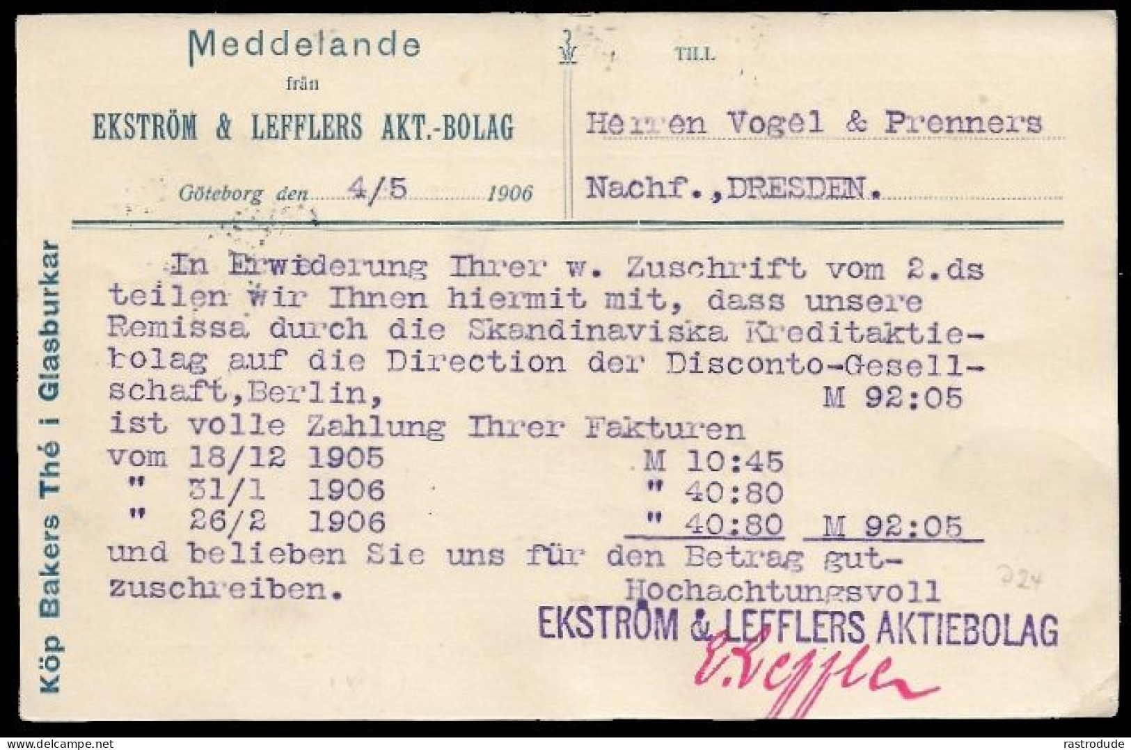 1906 SWEDEN 5 ÖRE PSC GÖTEBURG TO DRESDEN,GERMANY - POSTAGE DUE 6¼ CENT - Entiers Postaux